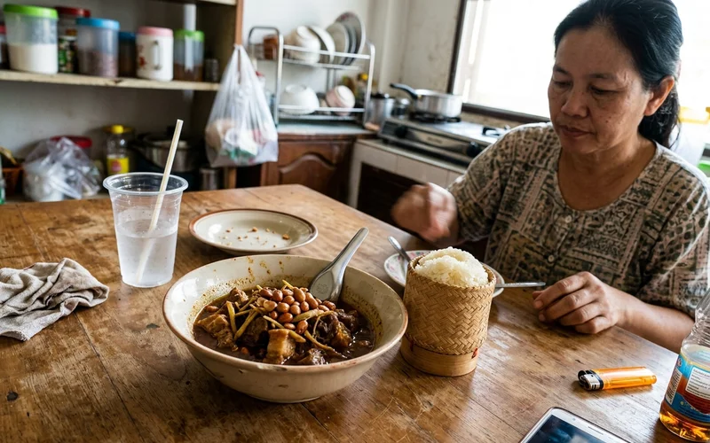 A bowl of gaeng hang lay pork curry with sticky rice