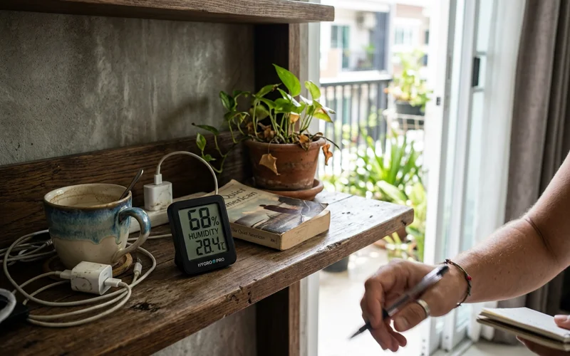 A digital hygrometer showing indoor humidity levels in a Chiang Mai home