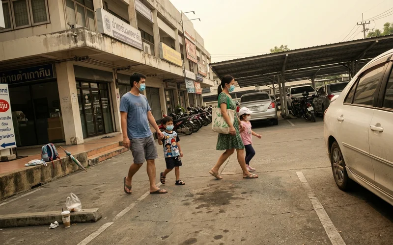 A family wearing masks crossing a hazy car park in Chiang Mai