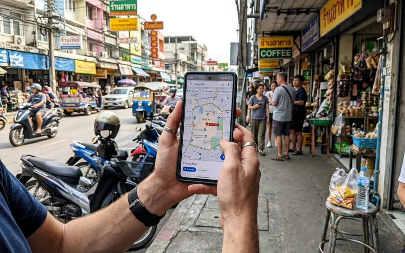 Checking a map of Chiang Mai on a phone at a street corner