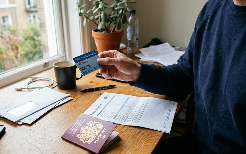 A health insurance card held above a desk beside a passport