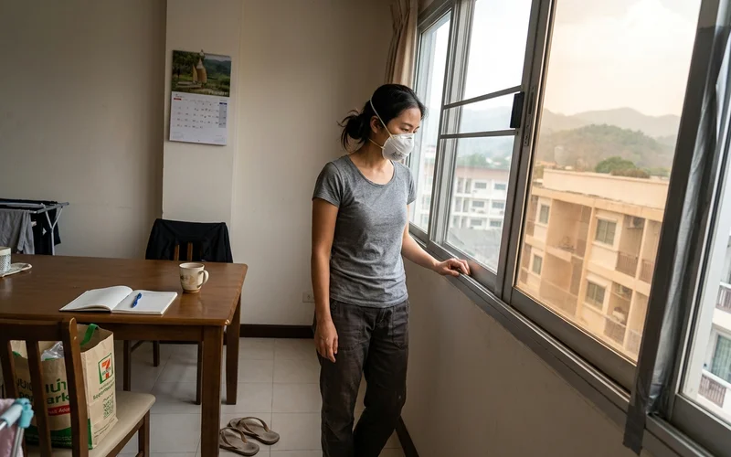 Wearing an N95 respirator near a sealed window during smoke season