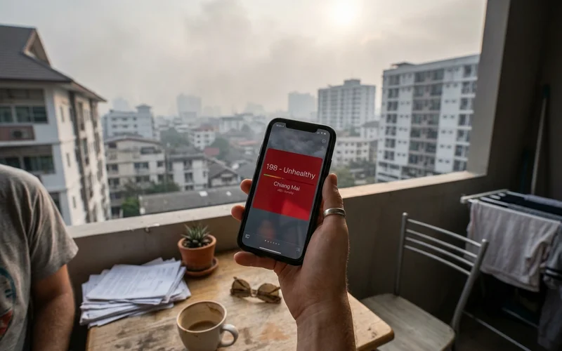 A phone showing a red AQI reading against a smoky sky