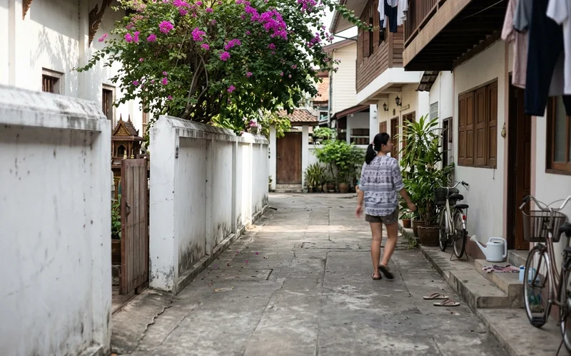 A quiet Old City lane with a temple wall and guesthouses