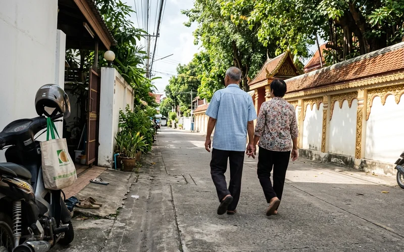 A retired couple walking in a quiet Chiang Mai neighbourhood