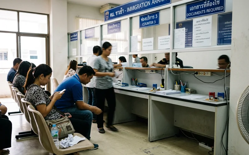 Service counters and signage inside a Thai immigration office