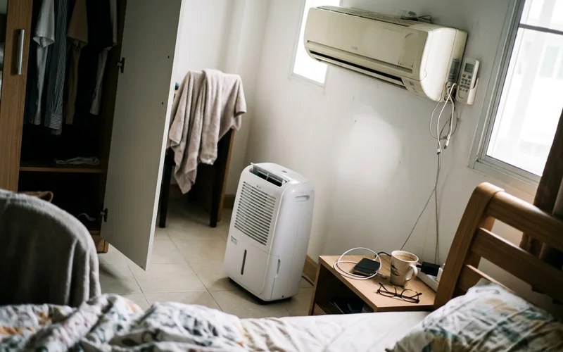 A small portable dehumidifier placed in a Chiang Mai apartment bedroom next to an air conditioning unit