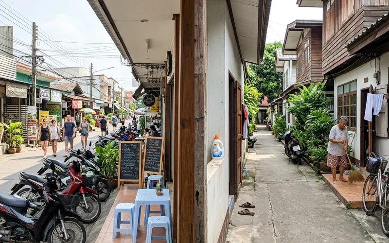 Two contrasting Chiang Mai streets, one busy and one quiet