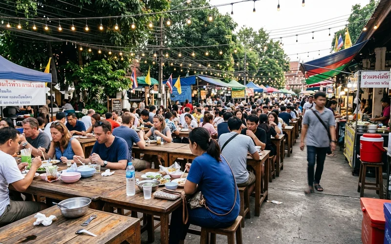 A temple courtyard food court during the Sunday Walking Street