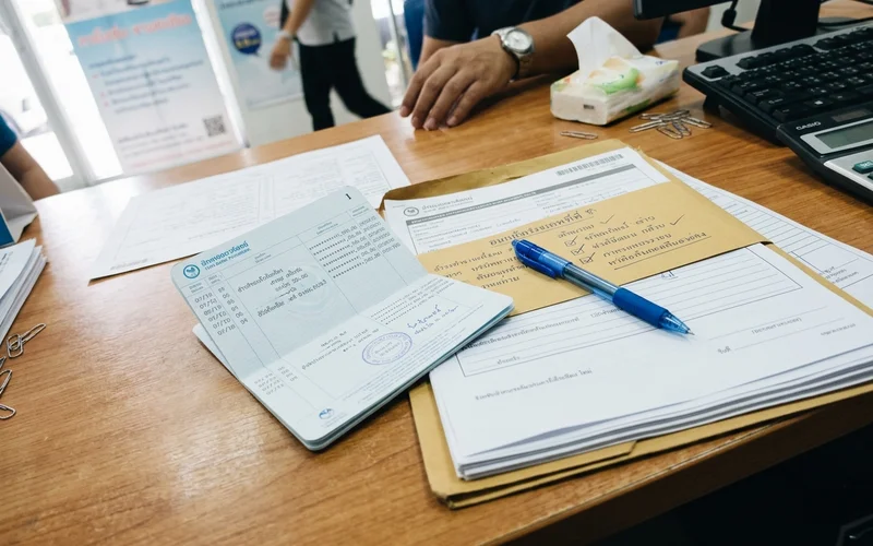 A Thai bank book and document folder at a Chiang Mai bank branch