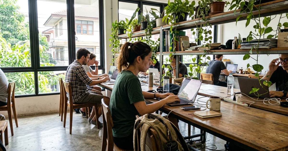 A bright coworking space in Chiang Mai with people at desks