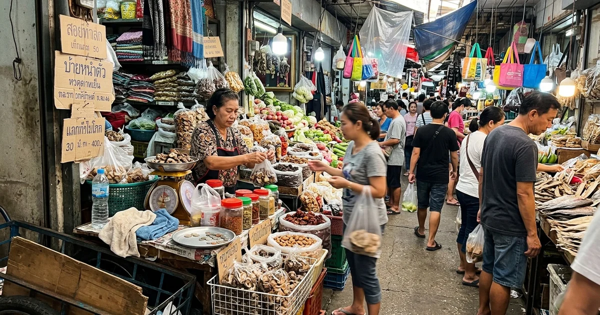 The busy interior of Warorot Market with produce and dry goods