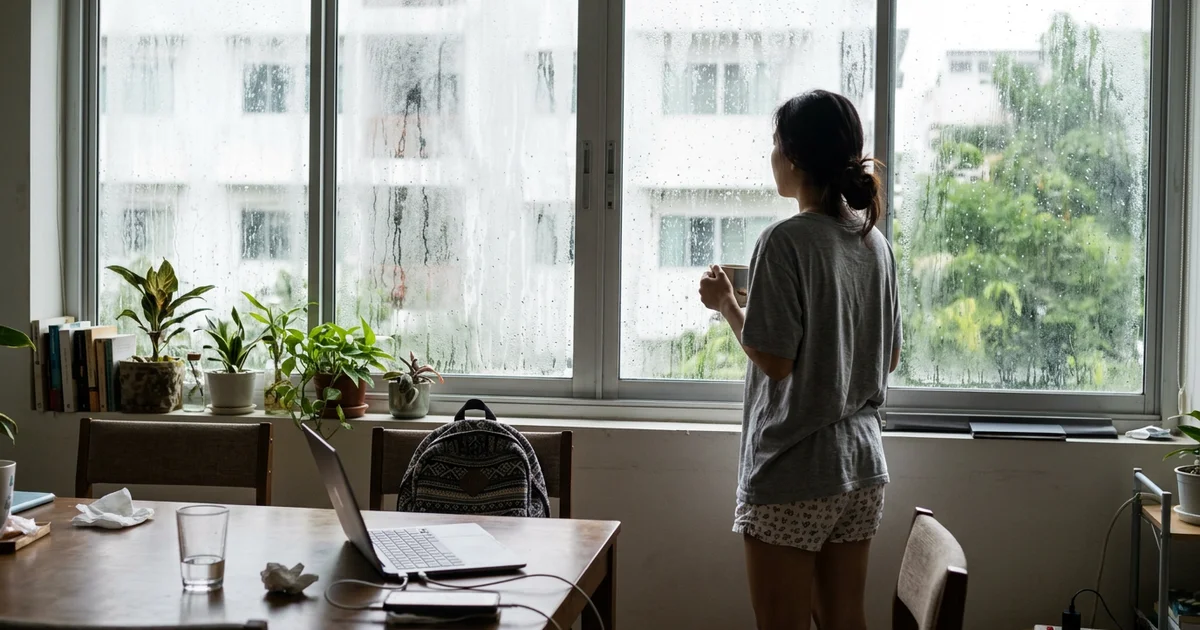 A Chiang Mai condo interior during rainy season with visible humidity on windows