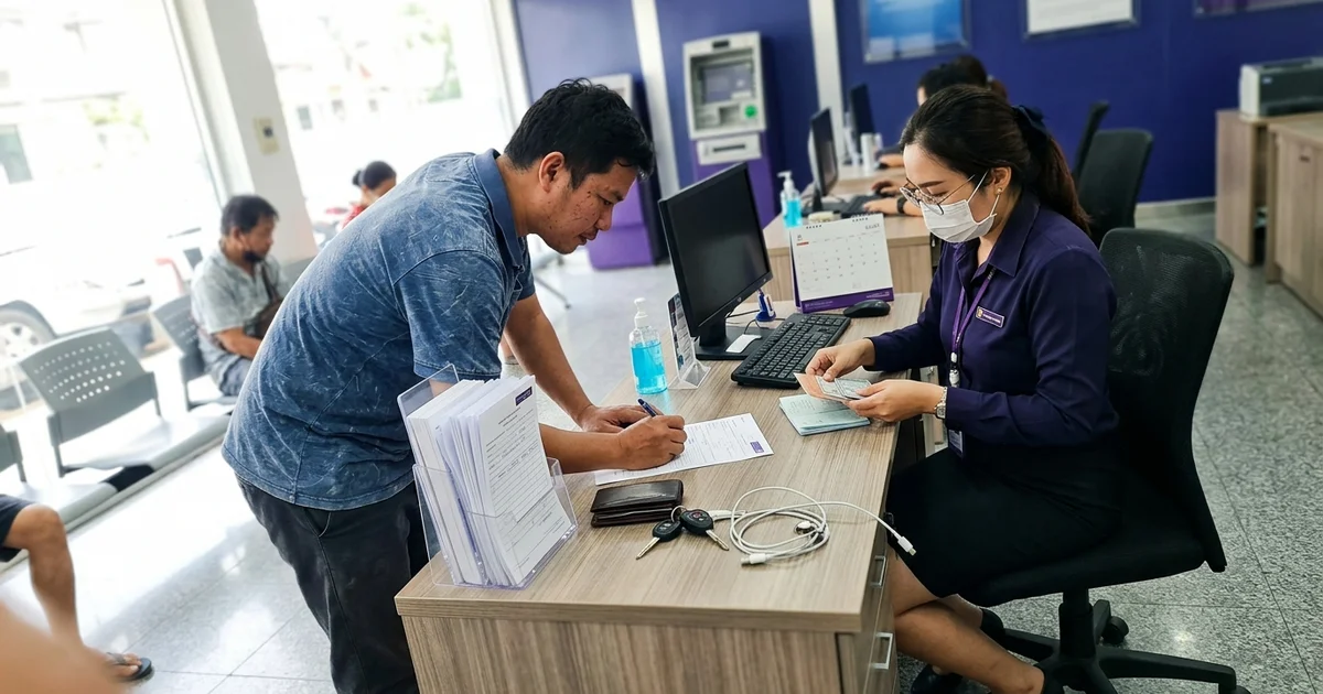 A customer filling in an application form at a Thai bank counter in Chiang Mai