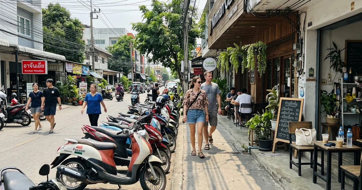 A Nimman street with cafés, shops and people walking in the afternoon