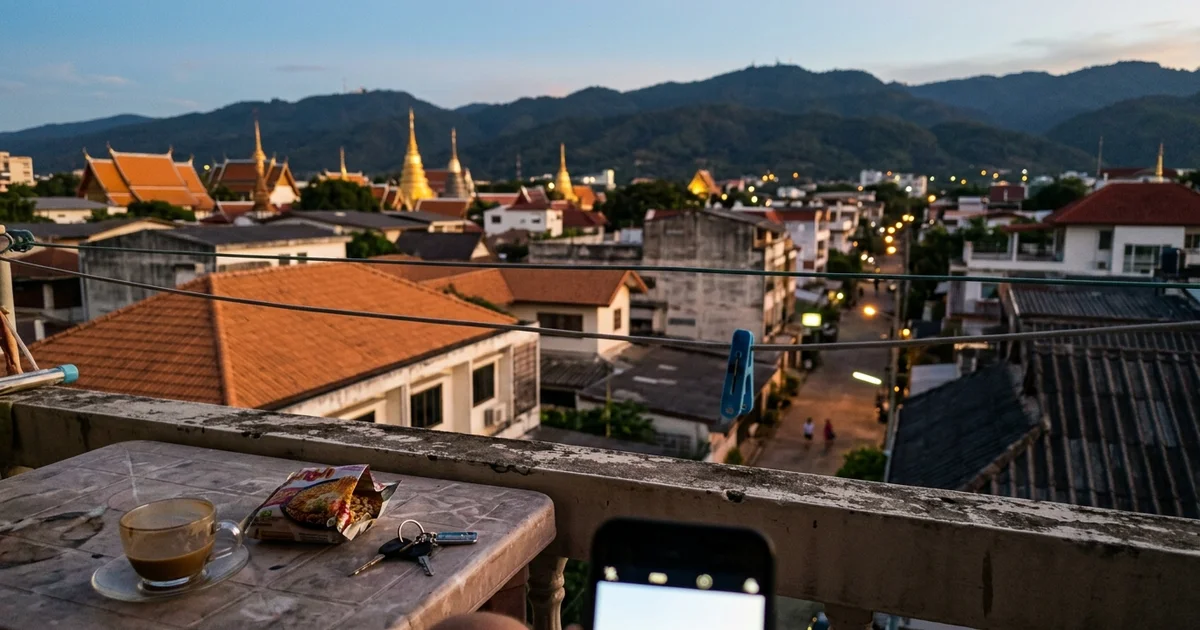 A view across Chiang Mai rooftops toward Doi Suthep at dusk