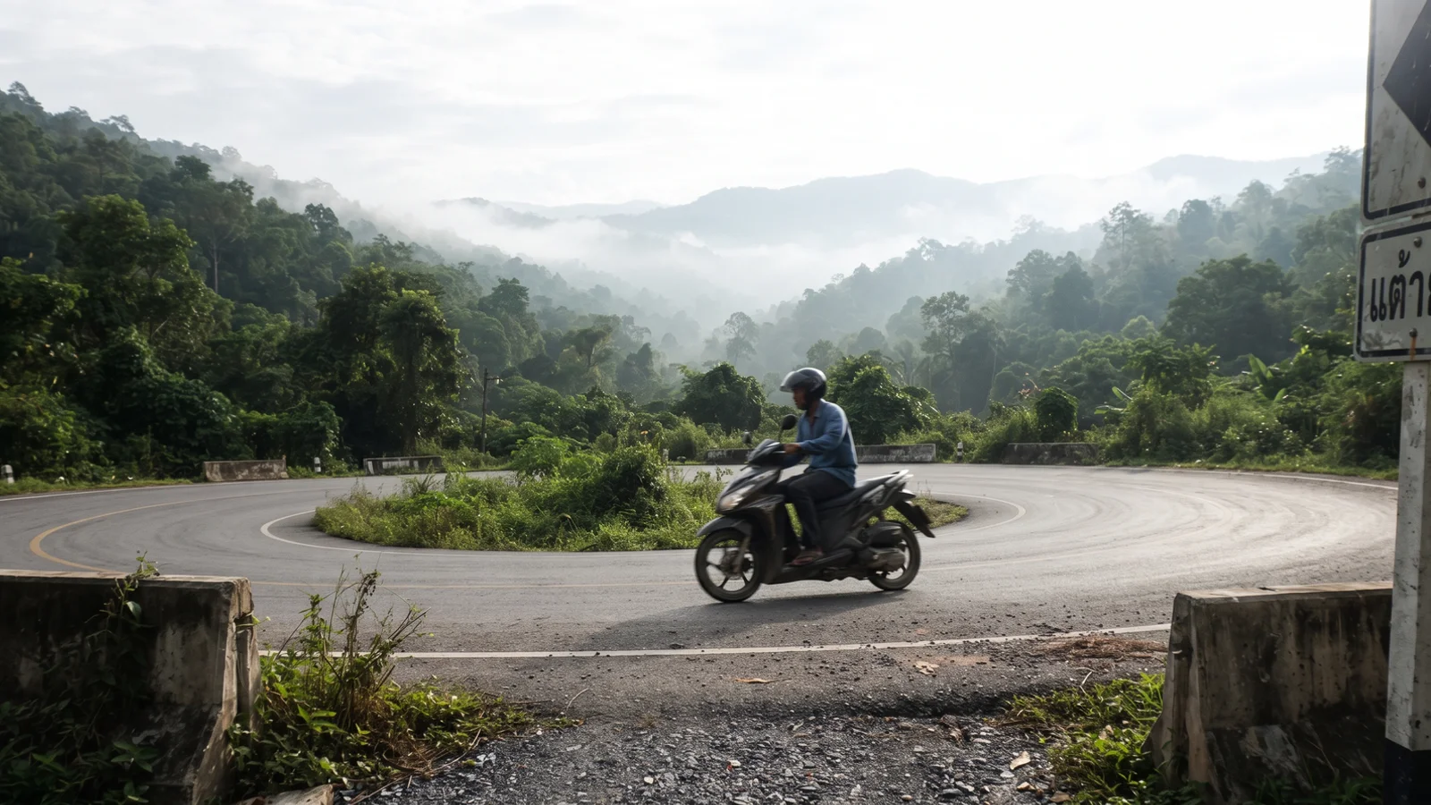 A mountain road curving through forested hills outside Chiang Mai
