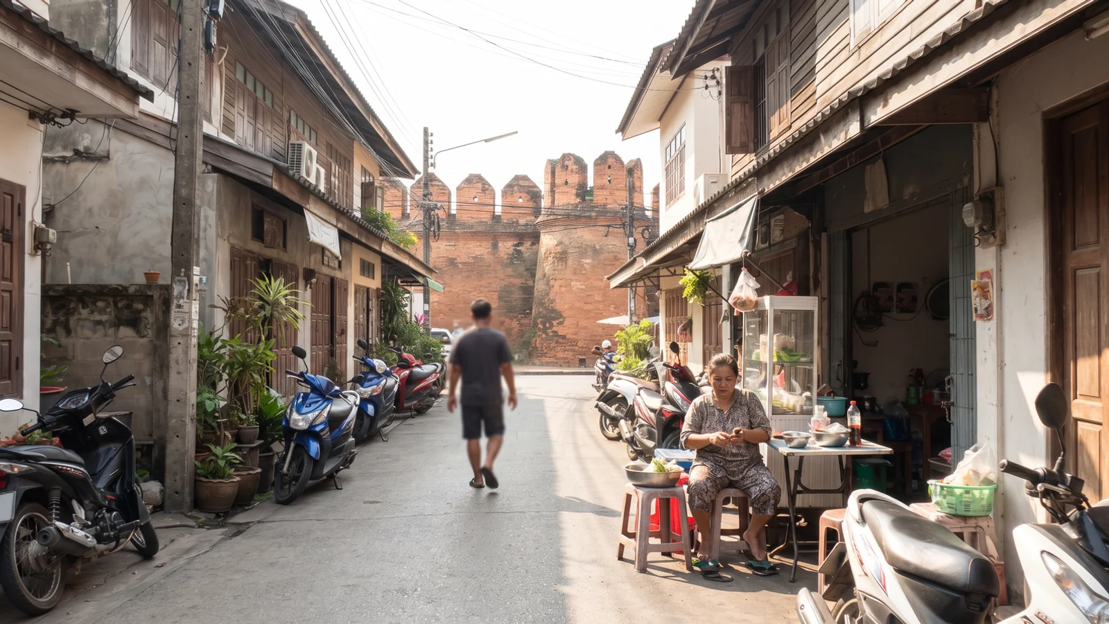 A quiet Chiang Mai soi with cafés, scooters and the old city wall behind