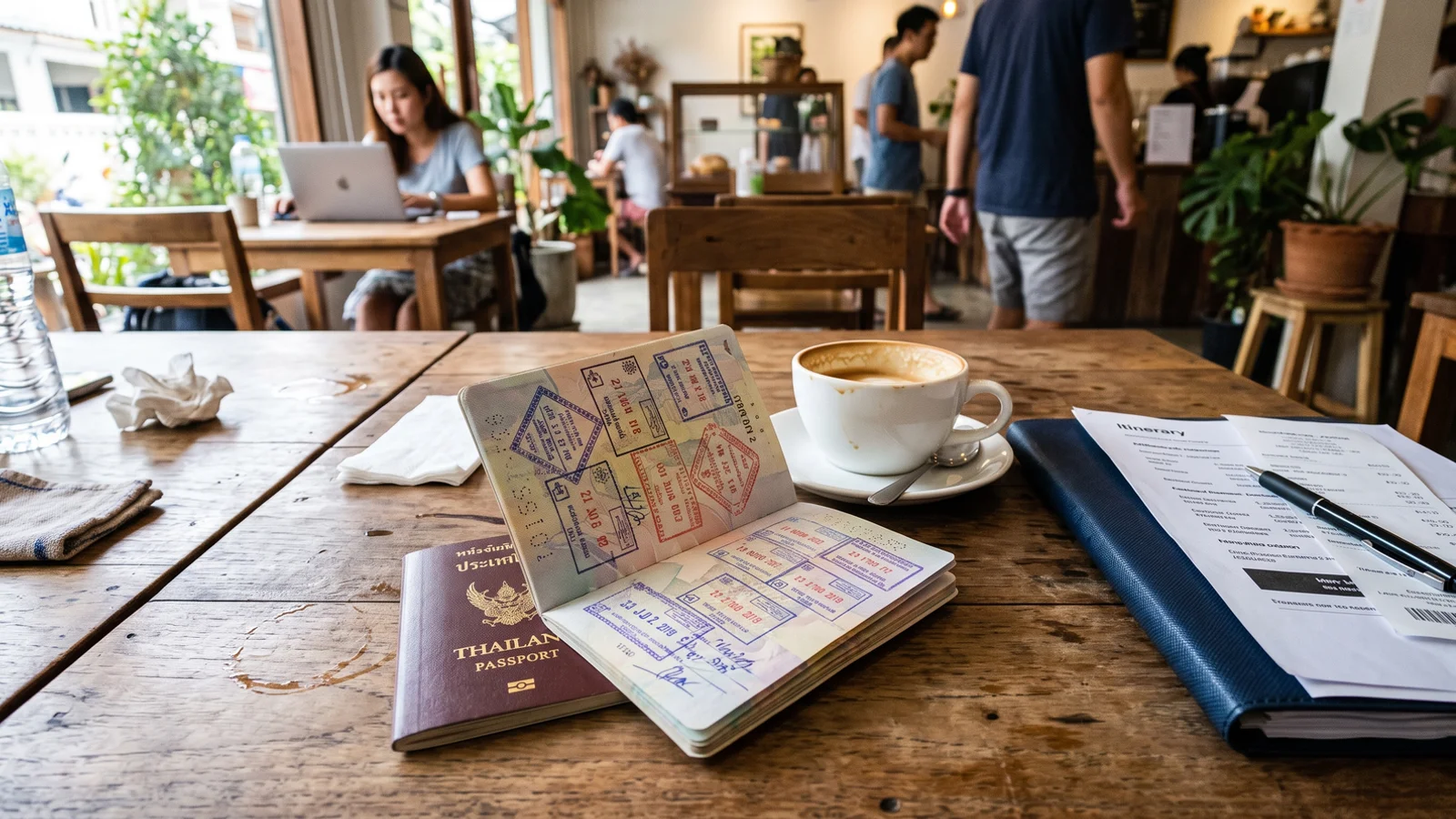 A passport with Thai visa stamps open on a café table in Chiang Mai