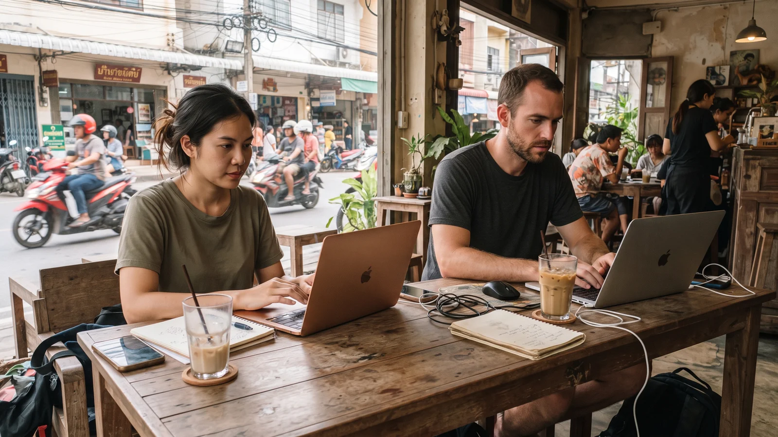 Working on laptops at a table in a Chiang Mai café