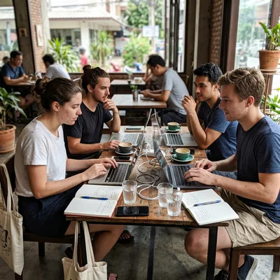 The Chiang Mai Brief editorial team working in a Chiang Mai café